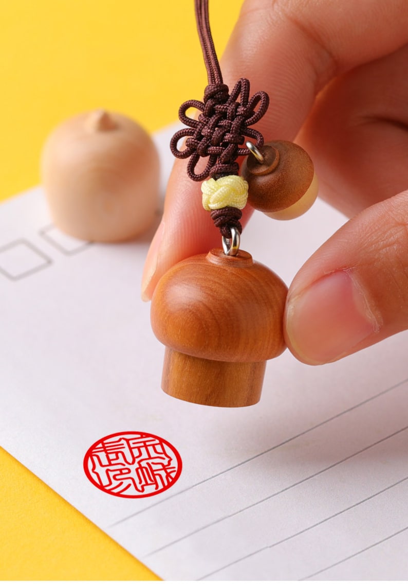May include: A wooden stamp with a mushroom-shaped handle and a red ink pad. The stamp is being used to create a red impression of a Chinese character on a white piece of paper.