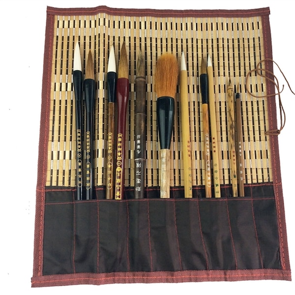Watercolor Brushes Chinese Calligraphy Brush Set Kanji Japanese Sumi Painting Drawing Brushes 11 Piece/Set+Roll-up Bamboo Brush Holder