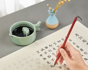 Multifunction Green Round Celadon Ceramic Water Bowl   Dish Wash Brush Ink Refill Lid Cap Pen Holder Calligraphy Supply