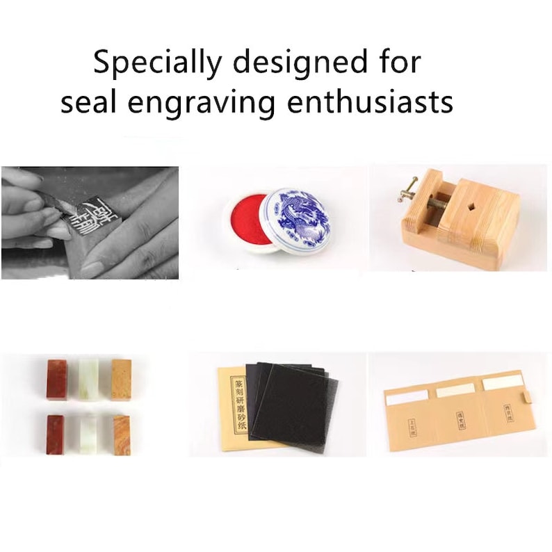 May include: A set of tools for seal engraving, including a wooden vise, a red ink pad, a blue and white porcelain inkwell, a set of five blank stones, a set of sandpaper, and three blank paper cards.