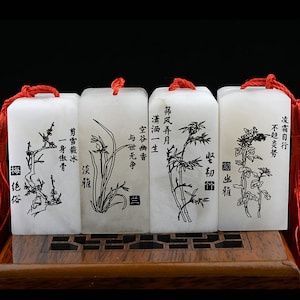 Chinese Chop Seal Four Famous Chinese Flowers Stone Stamps Custom Carved with Your Name Bamboo/Plum Blossom Flowers/Orchids/Chrysanthemums