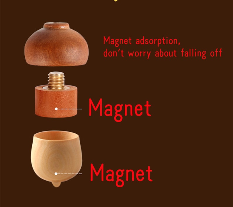 May include: A wooden acorn-shaped bottle stopper with a magnetic top. The stopper is made of two pieces, the top and bottom, which are held together by a magnet. The text "Magnet adsorption, don't worry about falling off" is written in red on a brown background.
