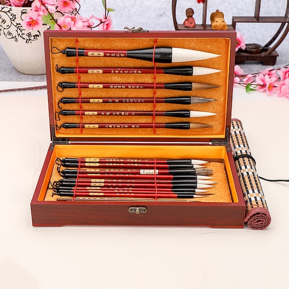 Vintage Chinese Calligraphy Set Old Writing Box Kit - Brushes Ink Stamp