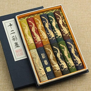 Hukaiwen Ink Block Colors Pigment Ink Stick Set for Chinese Japanese Traditional Pigment Color Calligraphy and Painting Drawing (12 PCS)