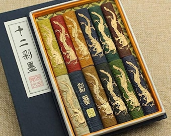 Hukaiwen Ink Block Colors Pigment Ink Stick Set para chino japonés tradicional pigmento color caligrafía y dibujo de pintura (12 piezas)