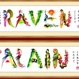 Custom Chinois japonais anglais coréen Nom chinois Calligraphie Mur Décor Votre nom dans Dragon Phoenix Characters (No Frame)