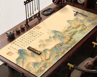 Alfombrilla de escritorio con paisaje chino, alfombrilla de ratón grande con pintura de montaña, decoración de escritorio de arte oriental, alfombrilla de oficina con caligrafía y teclado