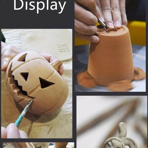 May include: Four images showing different stages of pottery making. The first image shows a person using a tool to carve a pumpkin-shaped clay object. The second image shows a person using a tool to carve a clay pot. The third image shows a person using a tool to carve a clay bunny. The fourth image shows a person shaping a clay pot on a pottery wheel.