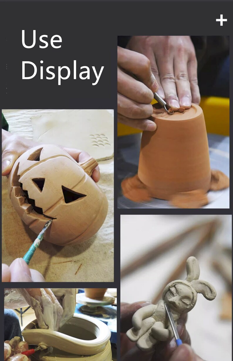May include: Four images showing different stages of pottery making. The first image shows a person using a tool to carve a pumpkin-shaped clay object. The second image shows a person using a tool to carve a clay pot. The third image shows a person using a tool to carve a clay bunny. The fourth image shows a person shaping a clay pot on a pottery wheel.