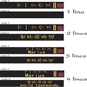 Pu&ograve; includere: Quattro cinture nere con segni dorati e rossi. Le cinture hanno diverse iscrizioni, tra cui "Marius" e "world taekwondo". Le cinture sono etichettate con il numero di righe di testo su ciascun lato.