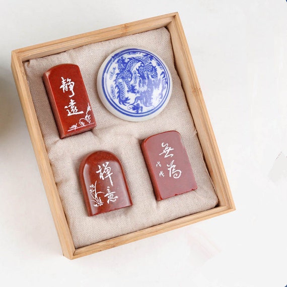 Vintage Boxed Chinese Calligraphy Set with Carved Soapstone Chop