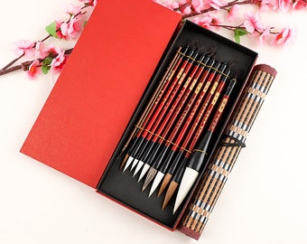 Claborate Painting Brush Watercolor Chinese Calligraphy Brush Set Kanji Japanese Sumi Painting Drawing Brushes+Bamboo Brush Holder (12 PCS)