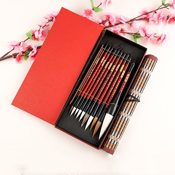 Claborate Painting Brush Watercolor Chinese Calligraphy Brush Set Kanji Japanese Sumi Painting Drawing Brushes+Bamboo Brush Holder (12 PCS)