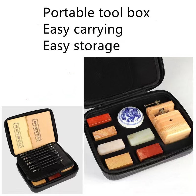 May include: A black carrying case with a zippered closure, containing a set of tools for carving and stamping. The tools include a small wooden press, a small white ceramic bowl, and several rectangular blocks of different colored stones. The case is labeled "Portable tool box - Easy carrying Easy storage".