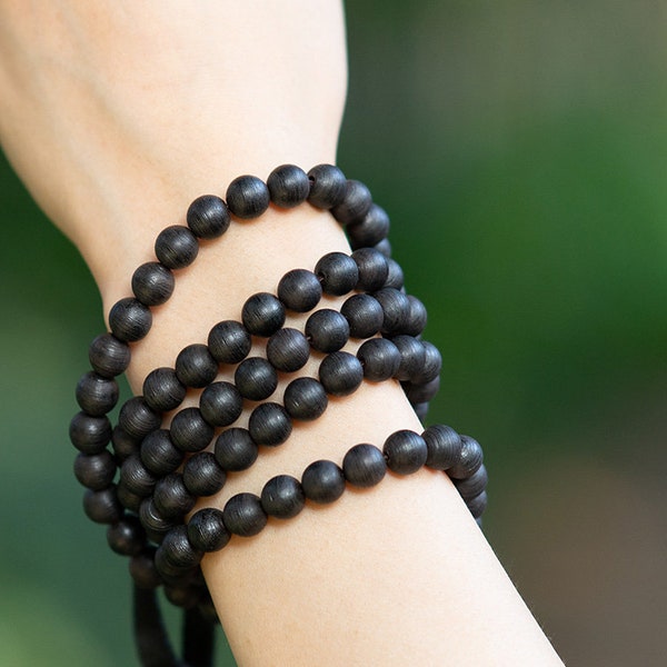 8MM Natural Black Wooden Beads with  Natural Spiral Texture Beads 108 Mala Beads , Yoga Buddhism Prayer Mala Beads