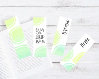 Printable Bookmarks, Set of 4, Breathe, Relax, Enjoy The Little Things, Leaf Drops, Watercolour Brush Strokes, Lime Green, Dark Green