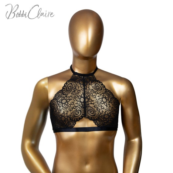 Black Lace Halter Style Bralette, Adjustable Bra for Men 