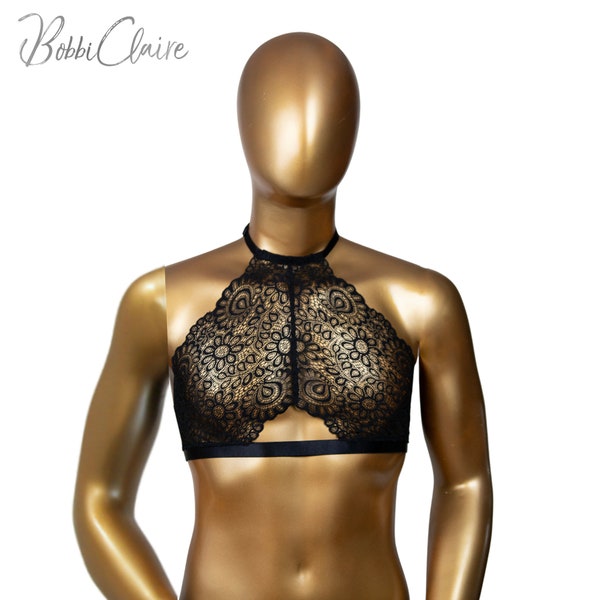 Black Lace Halter Style Bralette, Adjustable Bra for Men