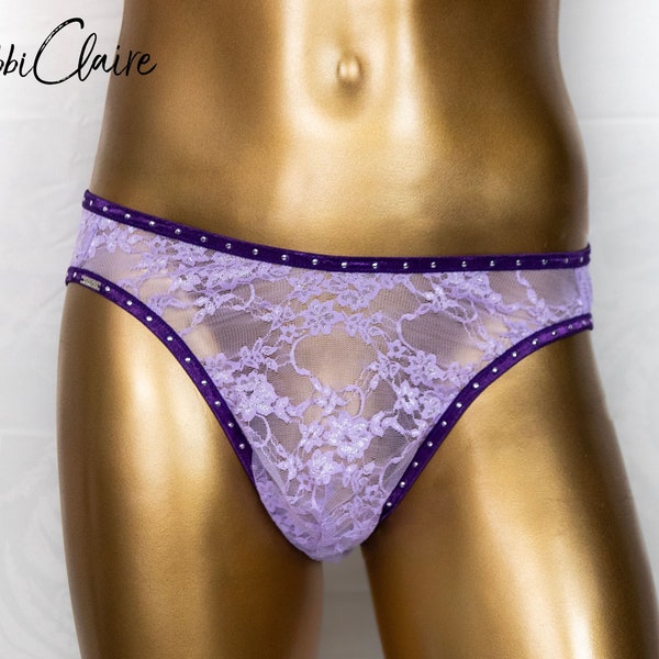 Lavender Sheer Stretch Lace, Full Bottom, Brief for Men with Studded Trim