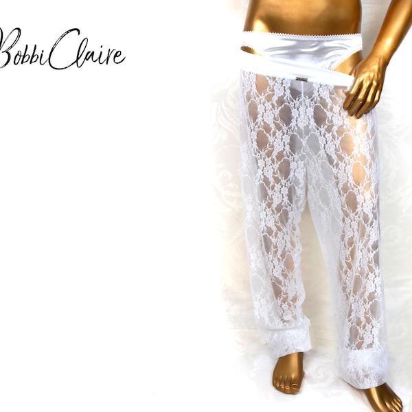 Super Soft White Stretch Lace Yoga Lounging Pants with Satin, Full Bottom, Brief for Men