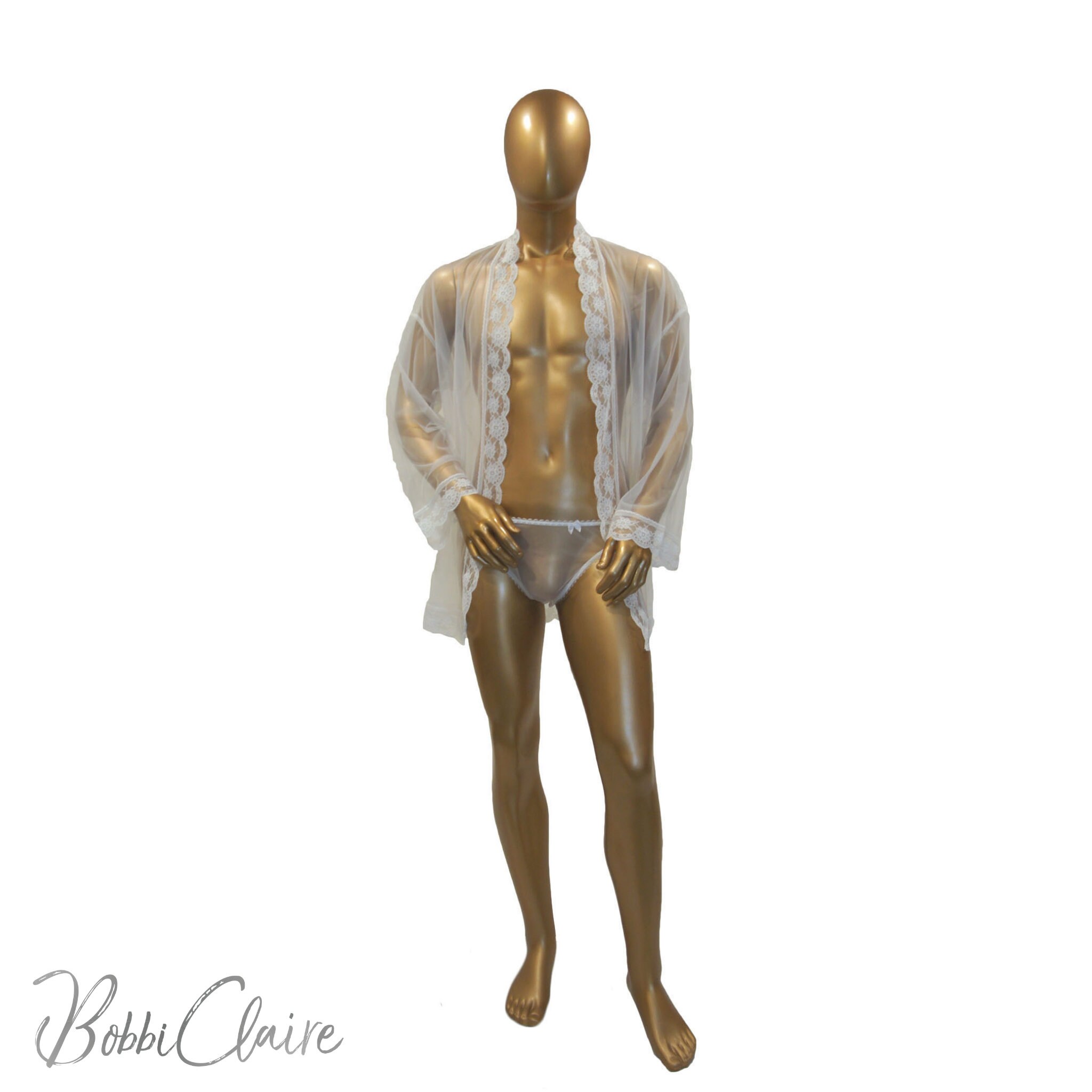 Kimono Da Uomo In Pizzo - Vestaglia Corta Trasparente, Set Con Perizoma E Cintura - Foto 2