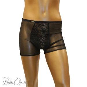 Black Sheer, Floral Stretch Lace Boxer Brief for Men - Short Inseam