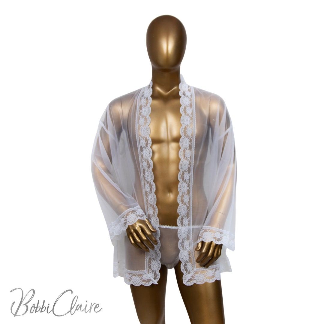 Mens Sheer Dressing Gown White Sheer Chiffon, Kimono Style