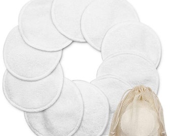 May include: A set of 10 white reusable cotton rounds in a white mesh bag. The rounds are made of soft, absorbent material and are perfect for removing makeup or cleansing the face.