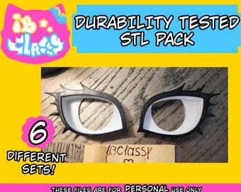 May include: A pair of 3D printed black and white eye inserts with sharp, spiky edges. The image includes text that reads DURABILITY TESTED STL PACK, 6 DIFFERENT SETS, and THESE FILES ARE FOR PERSONAL USE ONLY DO NOT RESELL THESE PRINTS.