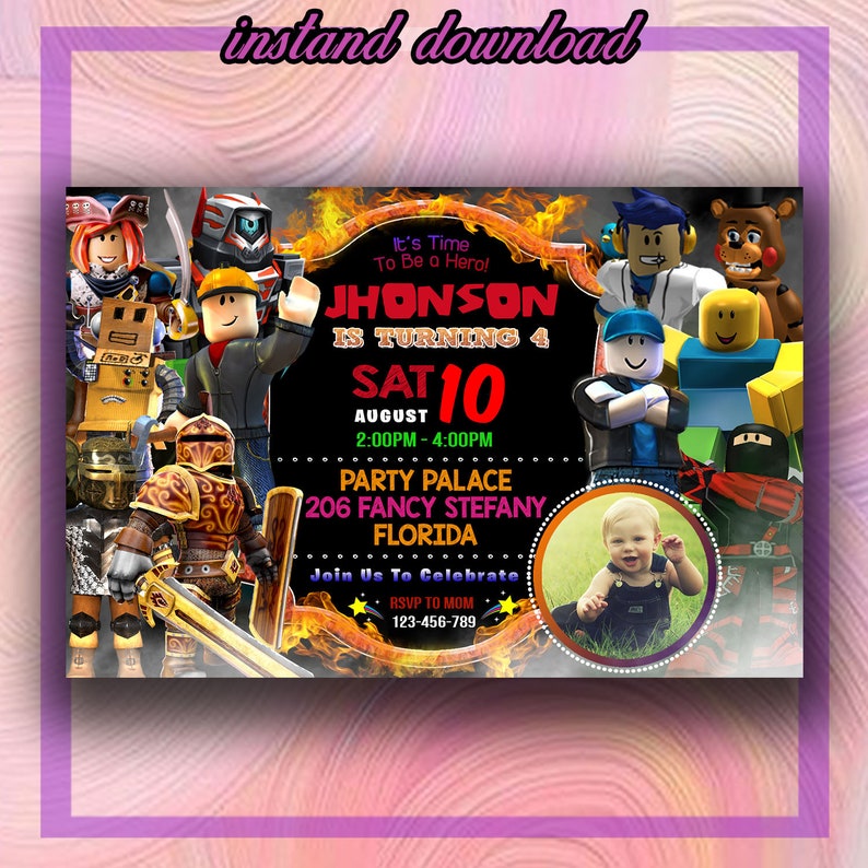 Roblox Invitation Roblox Birthday Party Roblox Birthday Etsy - roblox birthday invitation with photo and your roblox etsy