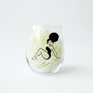 Black Girl Pin Up, Stemless Wineglass,  African American Female, Afro