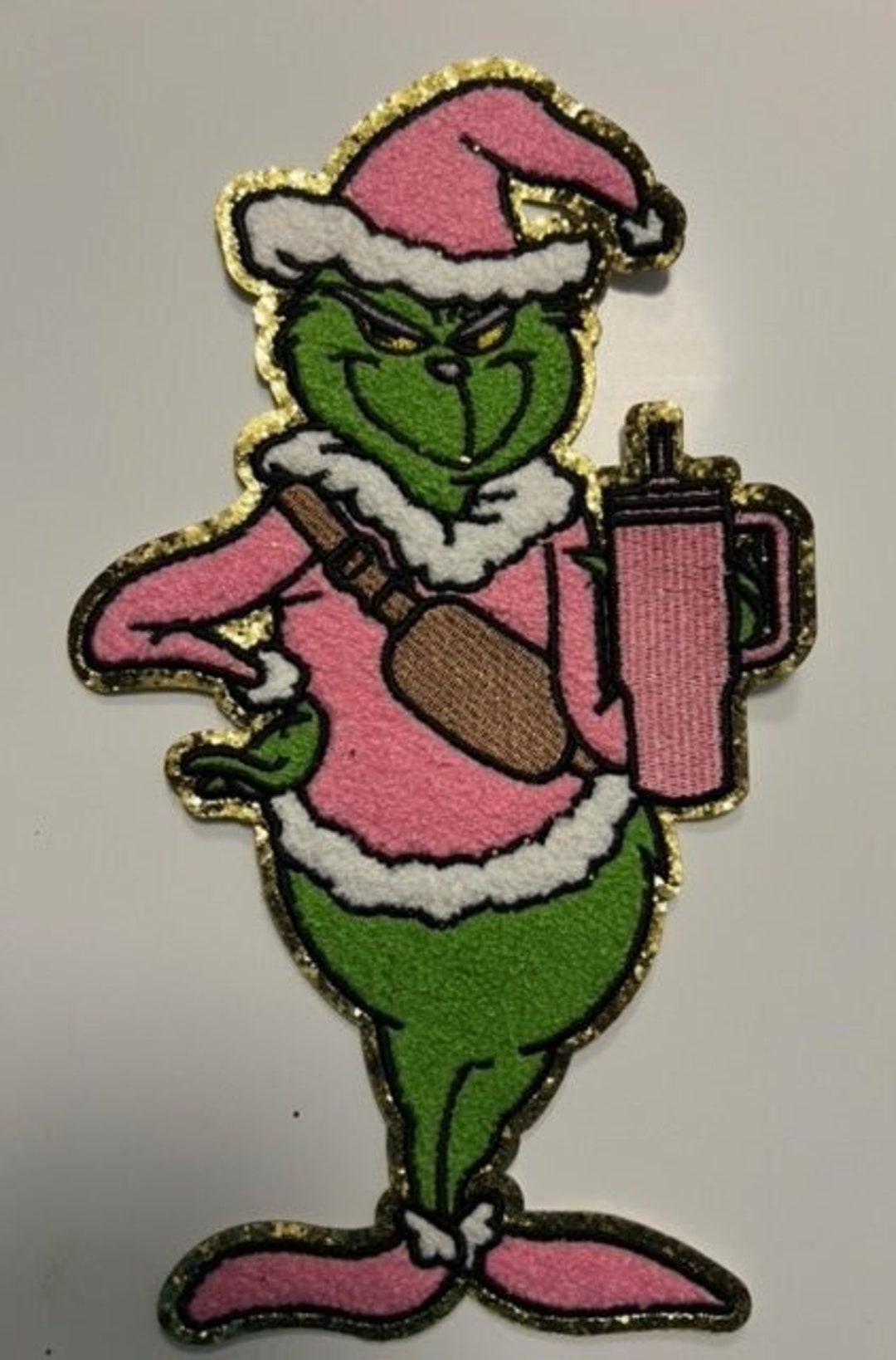Grinch Chenille Ironon Patch With Coffee Cup and Belt Bag, Christmas