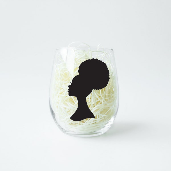 Black Girl Cameo, Stemless Wineglass,  African American Female, Afro