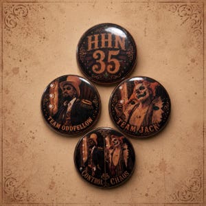 May include: Four circular pinback buttons featuring dark, vintage-style graphics. One displays HHN 35, another shows a ringmaster labeled Team Oddfellow, a third depicts a clown labeled Team Jack, and the fourth combines both figures with Control Chaos.