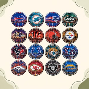 May include: A collection of sixteen circular buttons featuring various NFL team logos. Each button displays a unique team emblem set against a background of a city skyline at sunset, with vibrant colors including blue, orange, red, and black.