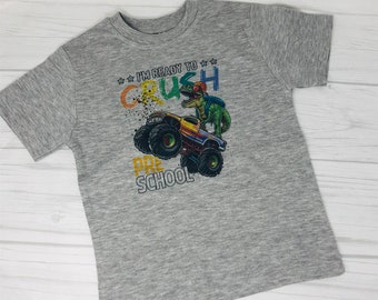 Dinosaurios, Monster Trucks, Camisa de cumpleaños de dinosaurios, Camisa de cumpleaños de camión monstruo, Camisa de cumpleaños de niños