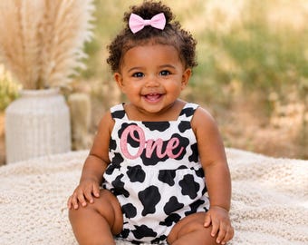 Cow Print Baby Romper, First Birthday Outfit Girl, Personalized 1st Birthday Bubble, Farm Theme Cake Smash Outfit, Baby Girl Birthday Romper