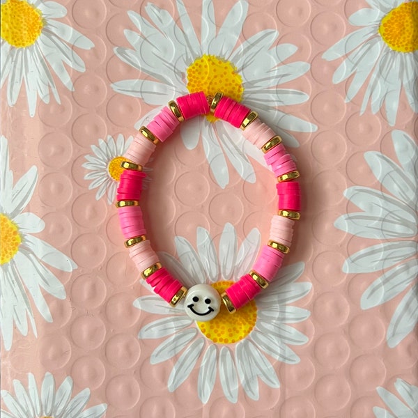 Smiley Pink Clay Bead Bracelet, shaded pink bracelet, pink jewelry, smile jewelry