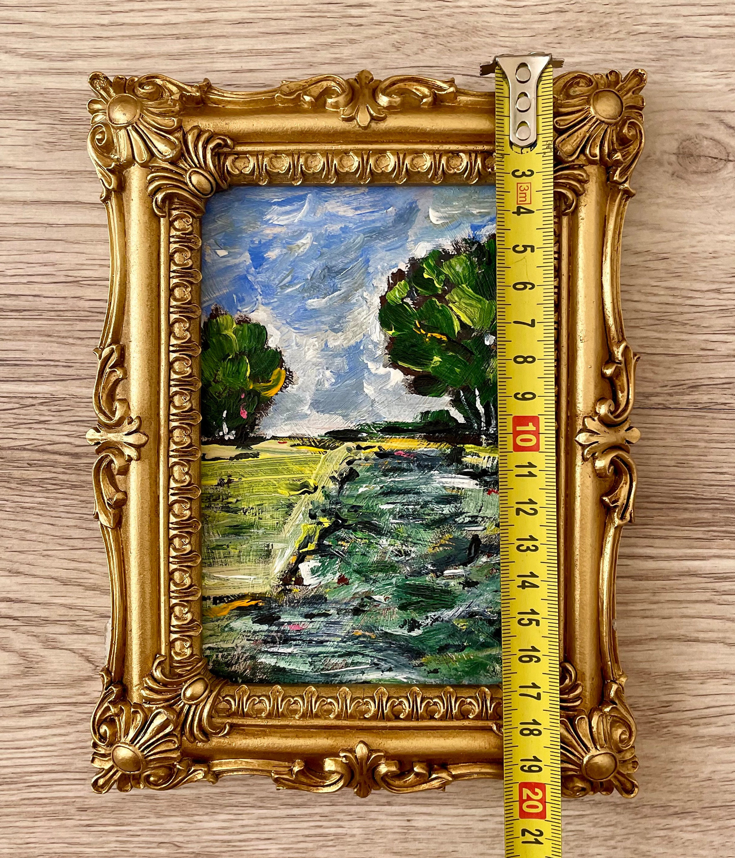アンティーク　油絵　風景画 金色フレーム 小型 金枠のヴィンテージ絵画、油絵ミニチュア、ヴィンテージ油絵オリジナル