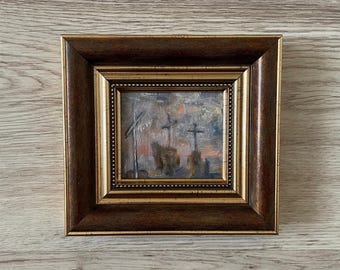 1960 年代のヴィンテージ ミニチュア油絵 - 青い花瓶に入った赤と青の