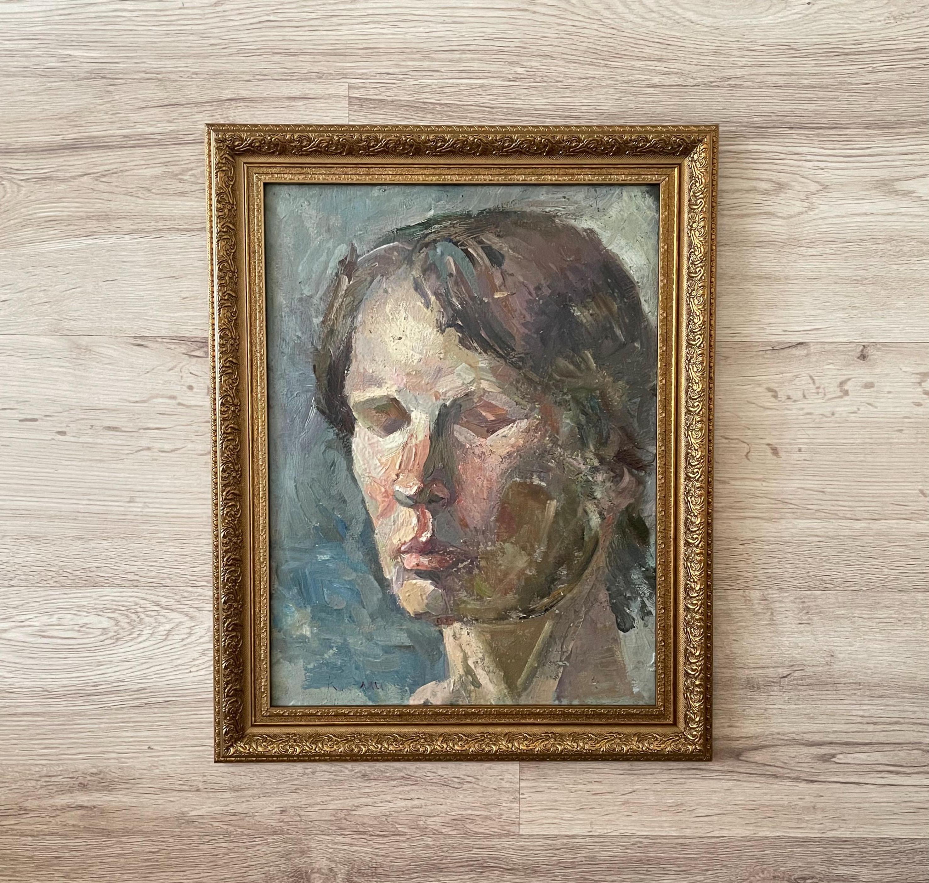 ヴィンテージ 女性肖像画 オーバル額装 絵画 インテリアアート 中古 額装和紙人形「若き魔女の肖像」 アンティーク風フレーム 肖像画