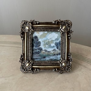 Cuadro vintage con marco dorado, Cuadro al óleo en miniatura, Cuadro al óleo original, Cuadro al óleo original vintage, Cuadro al óleo en miniatura