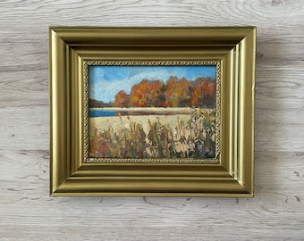 Pintura al óleo original antigua, Pintura al óleo antigua enmarcada, Pintura al óleo original, Pintura vintage con marco dorado, Pintura antigua original