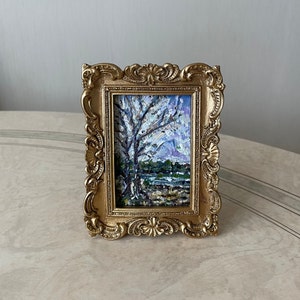 Pintura vintage enmarcada en oro, Pintura al óleo en miniatura, Pintura al óleo original, Mini pintura vintage, Pinturas al óleo vintage