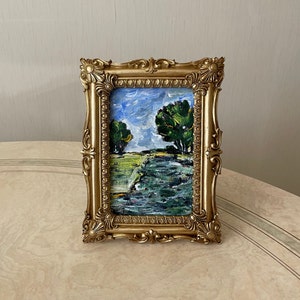 Cuadro vintage con marco dorado, Miniatura de cuadro al óleo, Cuadro al óleo vintage original, Cuadro al óleo original, Cuadros al óleo vintage