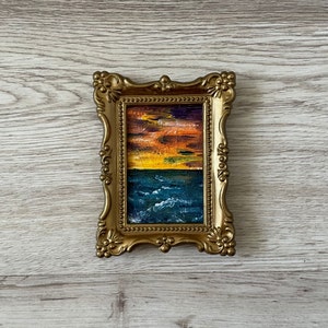 Cuadro vintage con marco dorado, Miniatura de cuadro al óleo, Cuadro al óleo vintage original, Cuadro al óleo original, Cuadros al óleo vintage