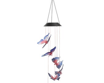 Solar-powered wind chimes with lifelike butterfly designs
