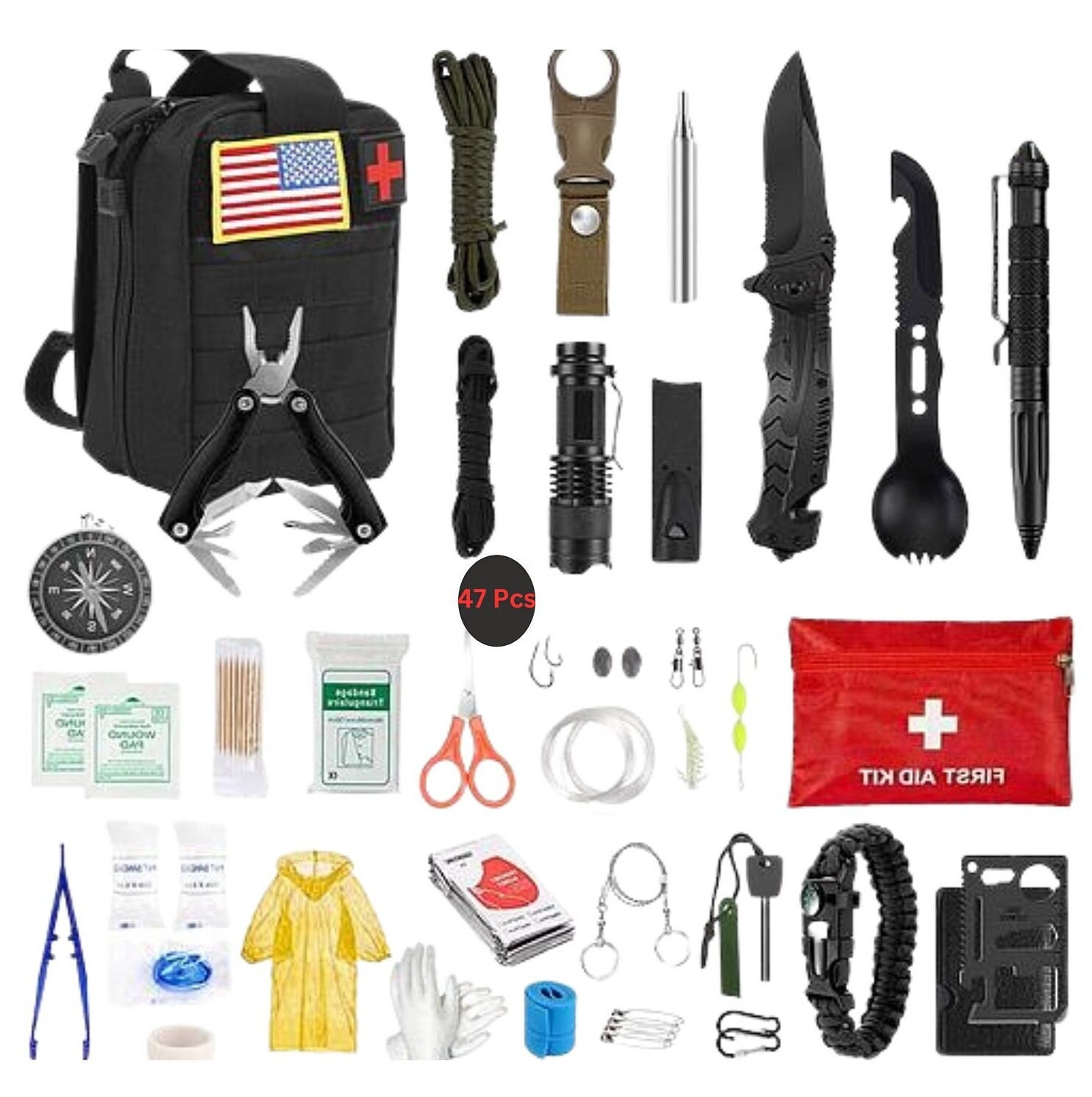 All in One Emergency Survival Kit for Camping, Hunting, Hiking, Car, RV,  Bug Out Bag Molle Pouch & American Flag Patch -  Canada