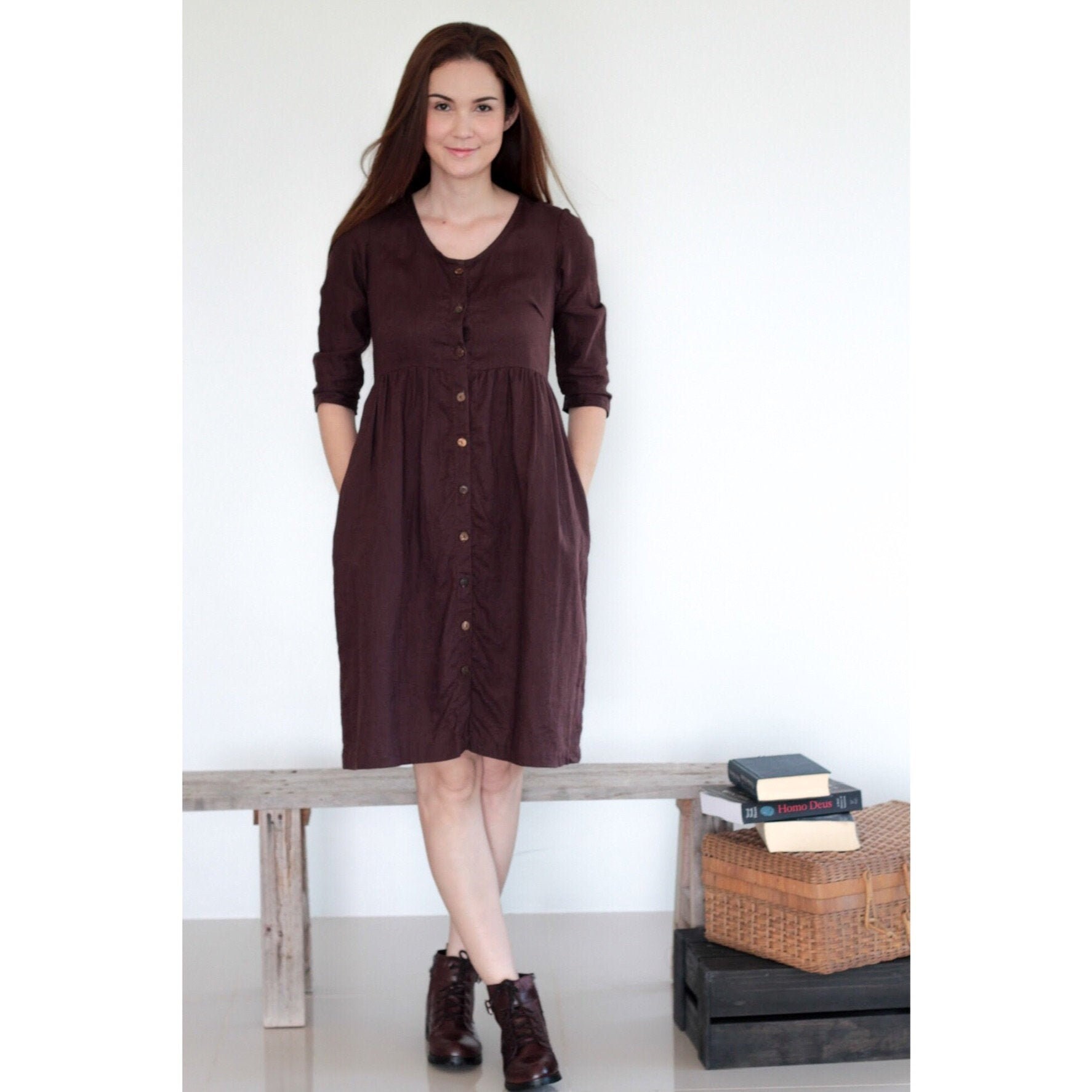 Chocolate Linen Dress Loose Fitting Natural Linen Dress | Etsy