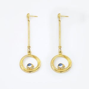 Brass circle drop earrings with moonstone. Silver statement earrings. Minimalist earrings.
